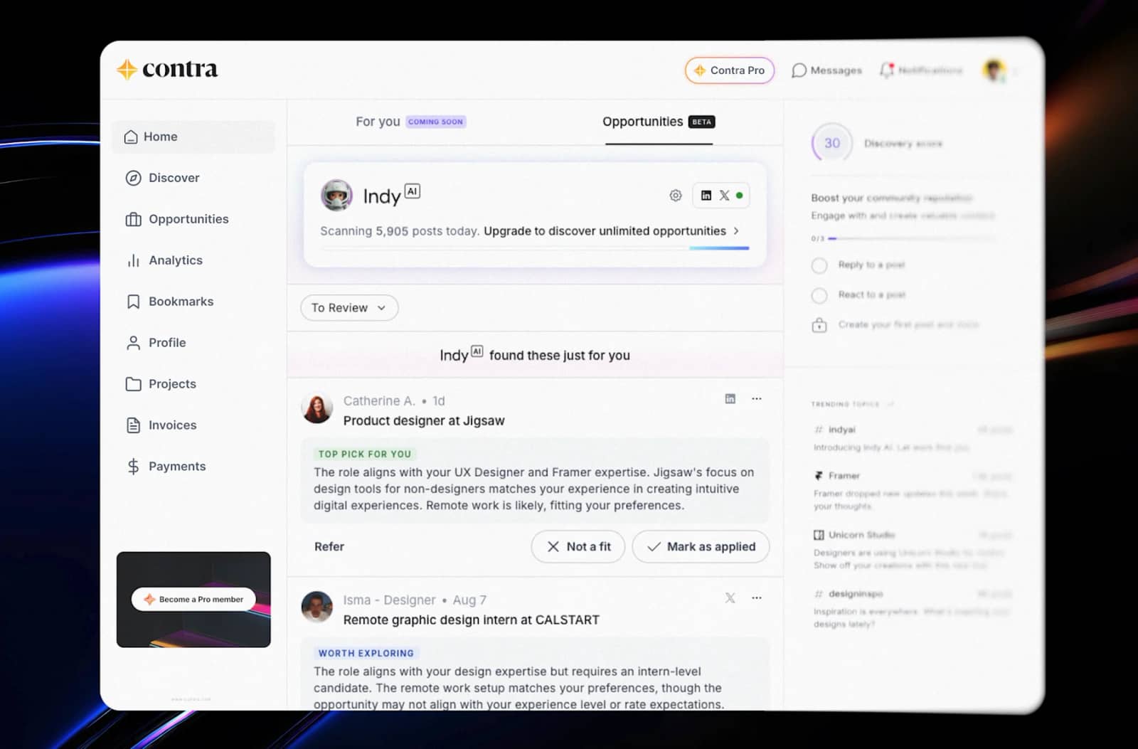 Contra web app home screen with the left navigation, AI-picked opportunities and the profile sidebar